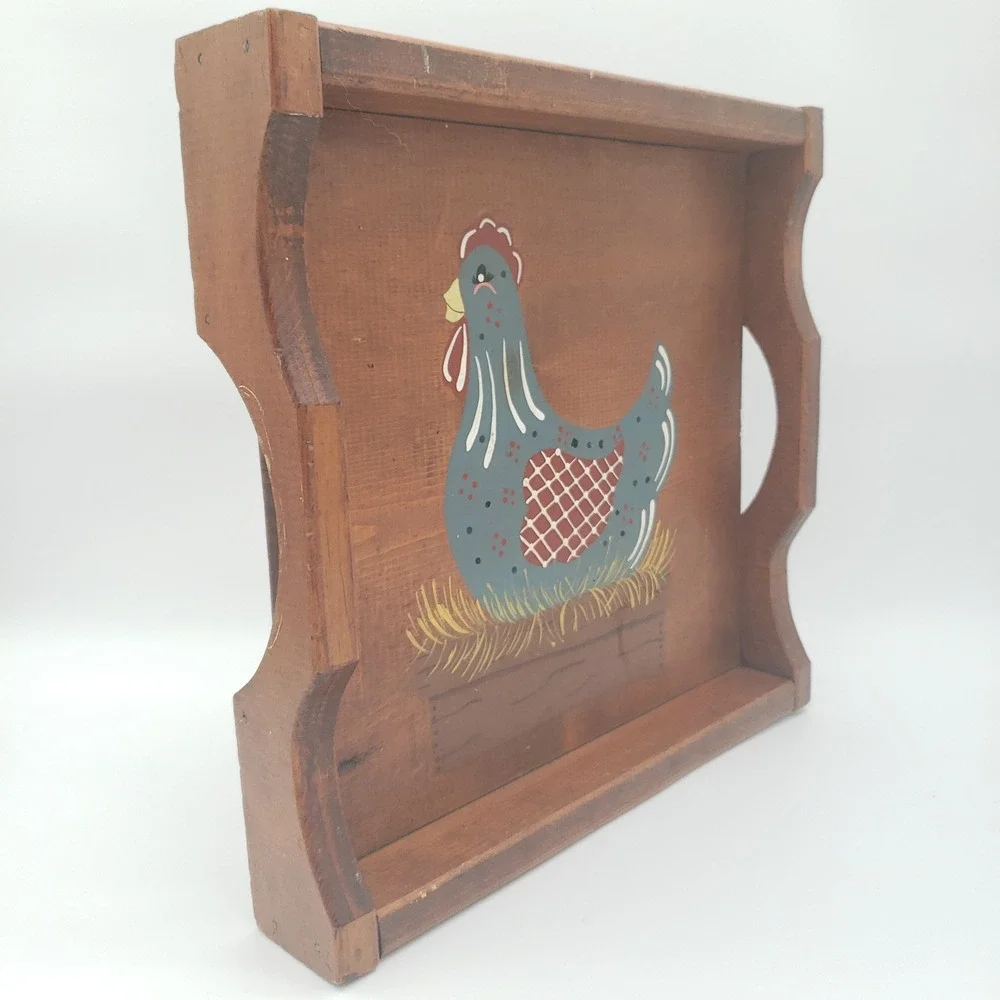 Vtg Rooster Farmhouse Wooden Serving Tray Folk Art Hen Hand Painted Rustic Decor
